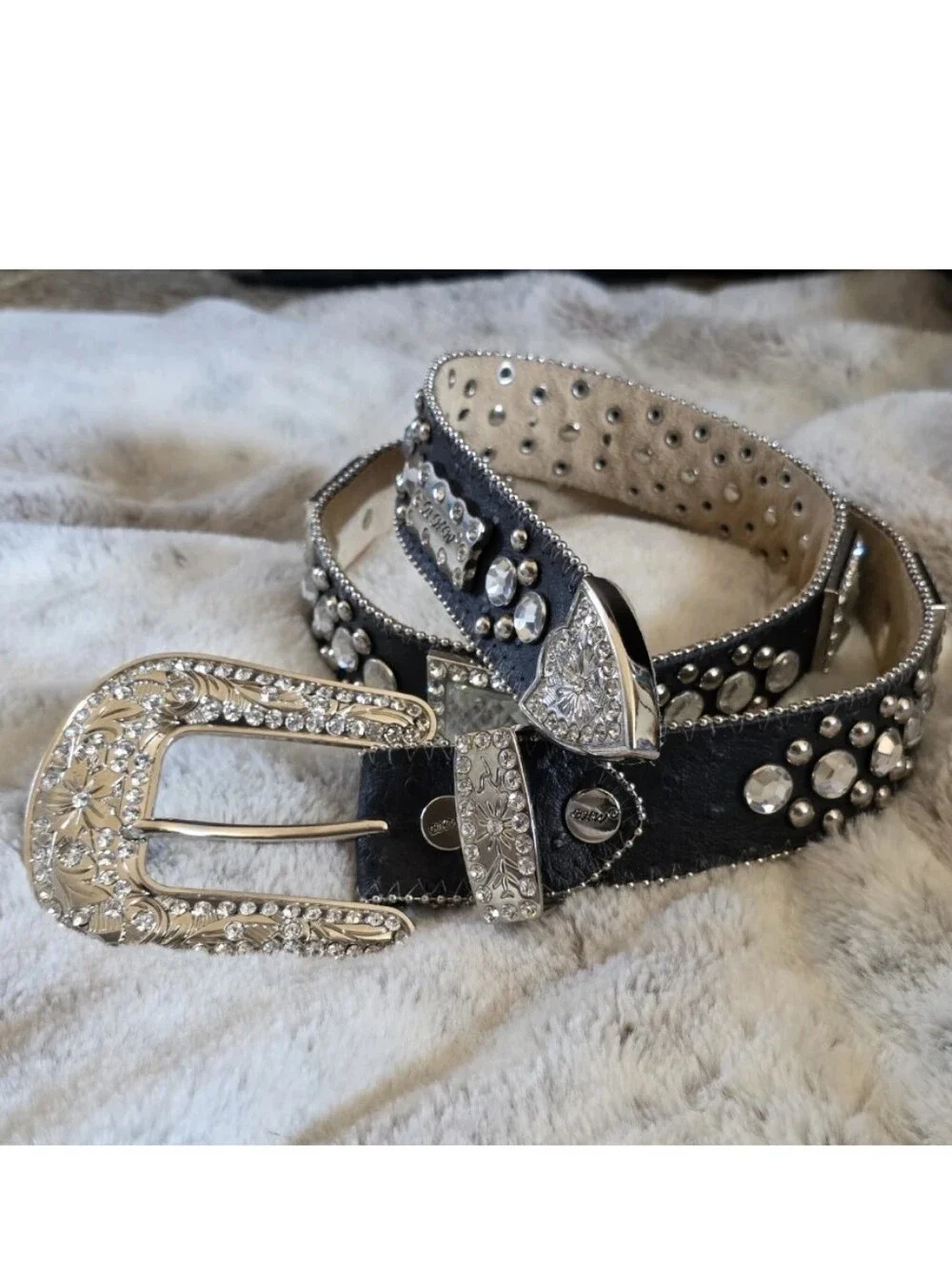 BHW Women's Black Leather Western Belt Crystals and Bling Accents Size M